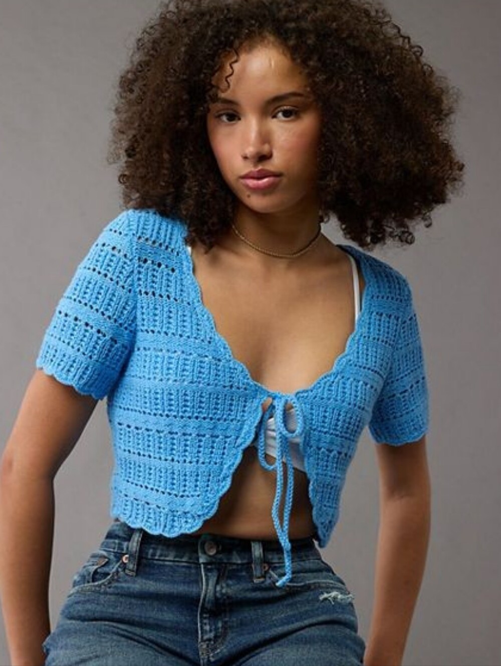 AE Cropped Tie Front Short Sleeve Cardigan